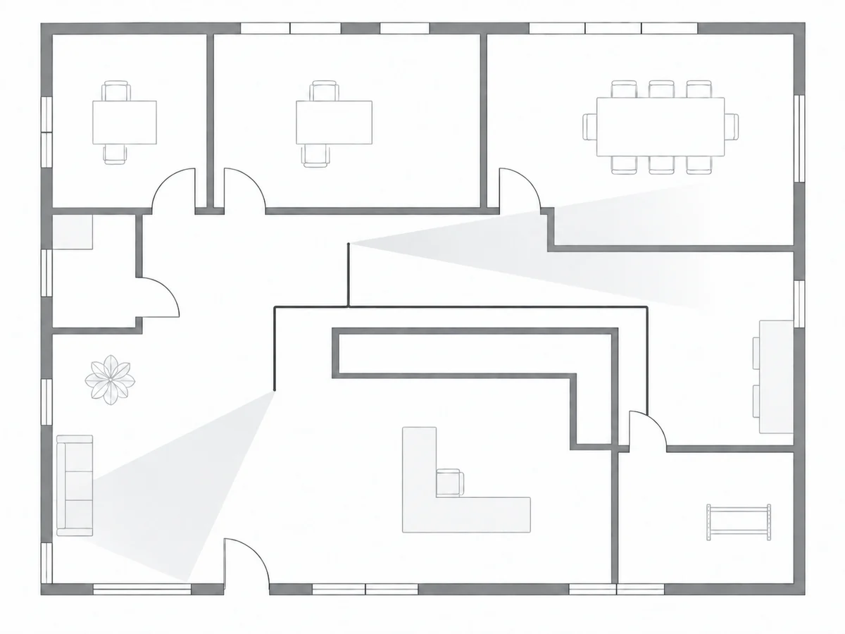 Office floor plan with a lobby, corridor, conference room, and storage room
